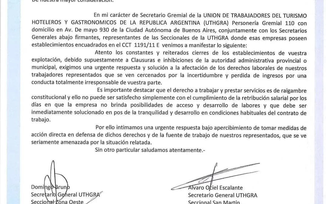 Clausuraron el Bingo de Morón y la UTHGRA salió a exigir al grupo CODERE una urgente respuesta y solución en defensa de los derechos laborales de los trabajadores