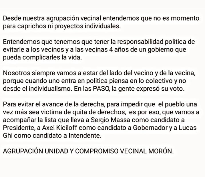 LA AGRUPACION UNIDAD Y COMPROMISO VECINAL DE MORON ACOMPAÑARÁ LA LISTA DE LUCAS GHI COMO CANDIDATO A INTENDENTE