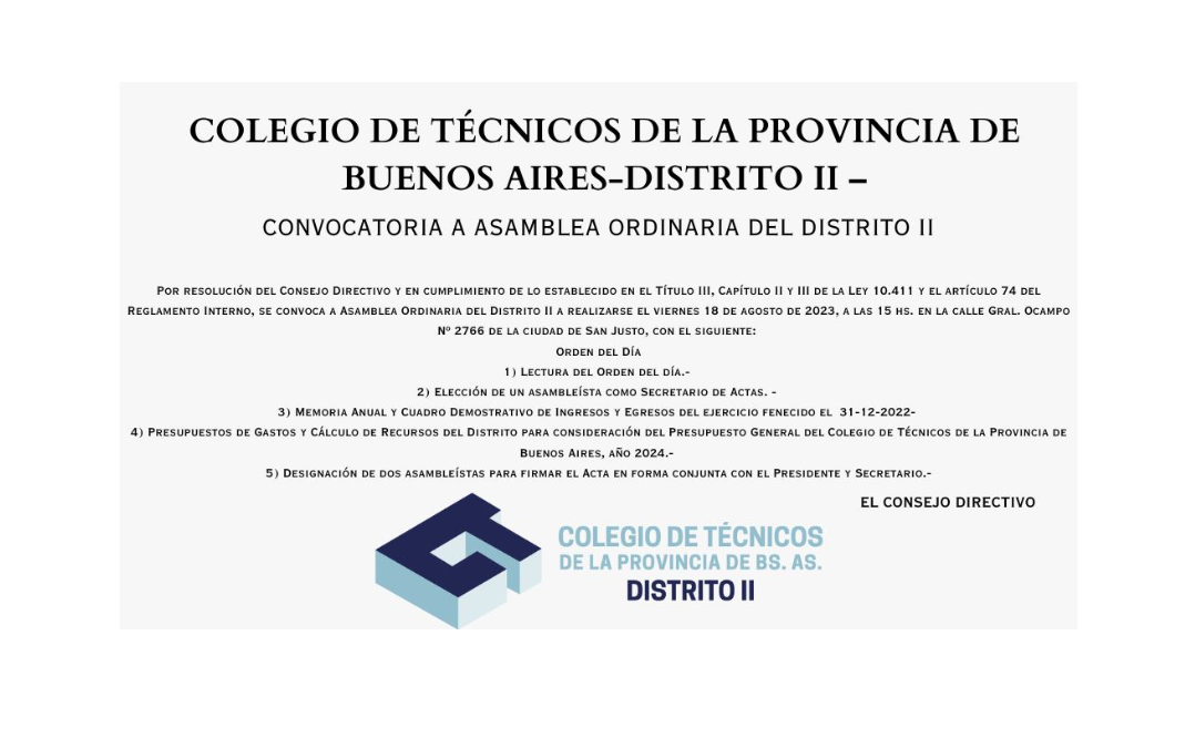 COLEGIO DE TECNICOS DE LA PROVINCIA DE BUENOS AIRES-DISTRITO II :  CONVOCATORIA A ASAMBLEA ORDINARIA DEL DISTRITO II