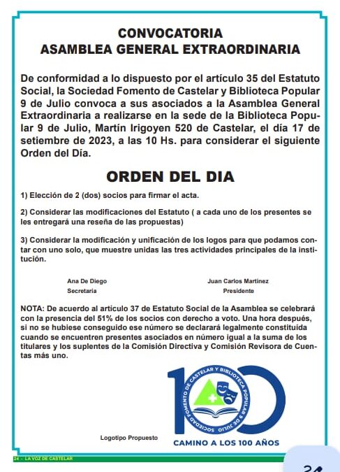 SOCIEDAD FOMENTO DE CASTELAR Y BIBLIOTECA POPULAR 9 DE JULIO DE CASTELAR : CONVOCATORIA A ASAMBLEA GENERAL EXTRAORDINARIA