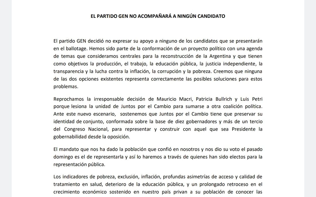 ELECCIONES 2023 : EL PARTIDO GEN NO ACOMPAÑARÁ A NINGÚN CANDIDATO