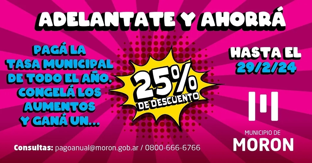 Morón ofrece un descuento del 25% a quienes realicen el pago anual de las Tasas Municipales