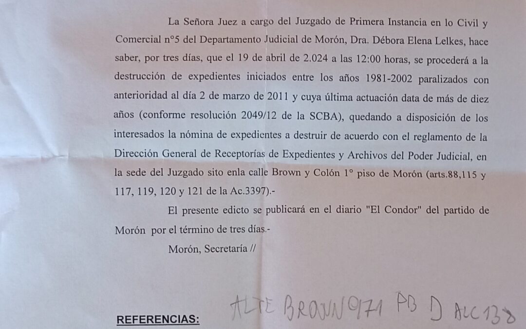 EDICTO JUDICIAL:  DESTRUCCIÓN DE EXPEDIENTES