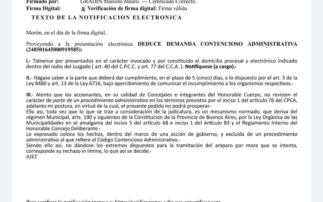 MORÓN: EL JUEZ MARCELO GRADIN RECHAZÓ LA DEMANDA JUDICIAL PRESENTADA POR LOS CONCEJALES DE LA OPOSICIÓN CONTRA EL PRESIDENTE DEL HCD DE MORON