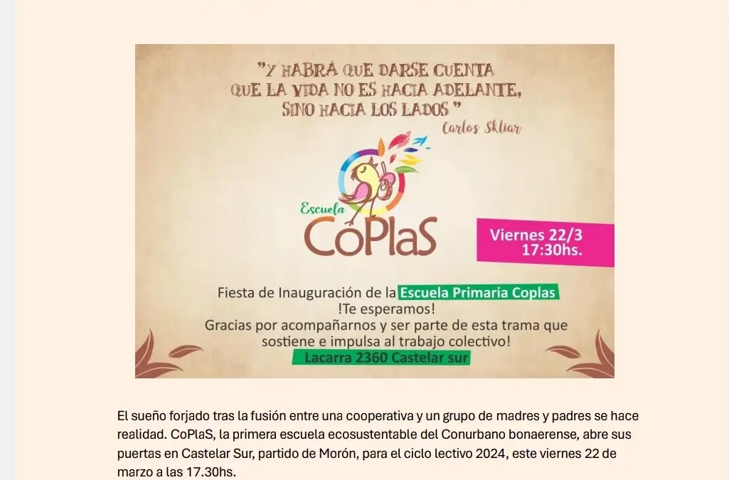 CASTELAR: SE INAUGURARÁ LA PRIMERA ESCUELA ECOSUSTENTABLE «CoPLaS» DEL DISTRITO