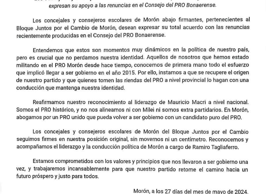 MORÓN: » JUNTOS POR EL CAMBIO MORÓN RATIFICA SU APOYO A MAURICIO MACRI Y A RAMIRO TAGLIAFERRO»