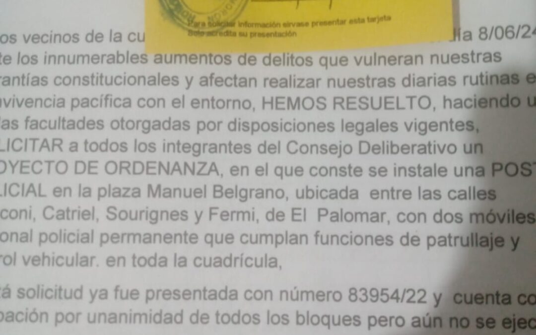 EL PALOMAR: LOS VECINOS AUTOCONVOCADOS AUTORES DE LA CAMPAÑA: » RUIDAZO CONTRA LA INSEGURIDAD» HICIERON UNA PRESENTACIÓN EN EL HCD DE MORÓN