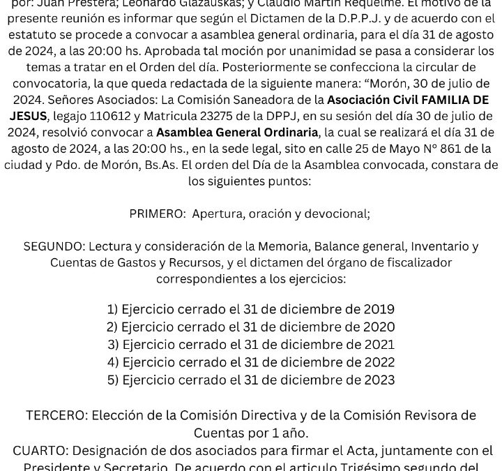 EDICTO JUDICIAL: Asociación Civil FAMILIA DE JESÚS : CONVOCATORIA A ASAMBLEA GENERAL ORDINARIA