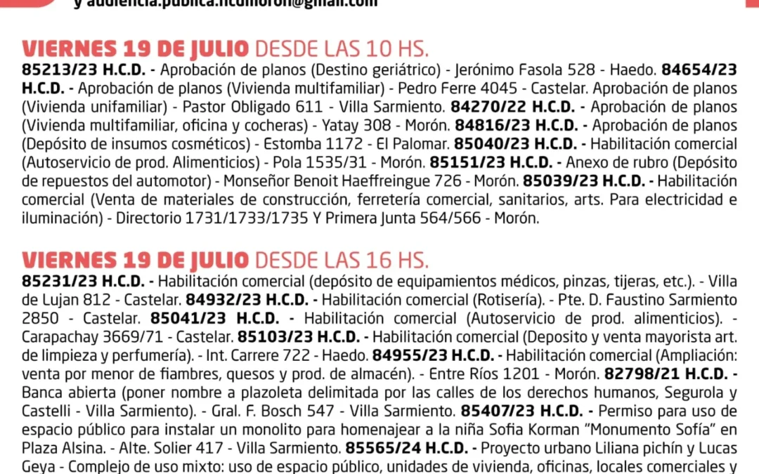 MORÓN: SE LLEVARÁN A CABO LAS AUDIENCIAS PÚBLICAS EN EL HCD DE MORÓN