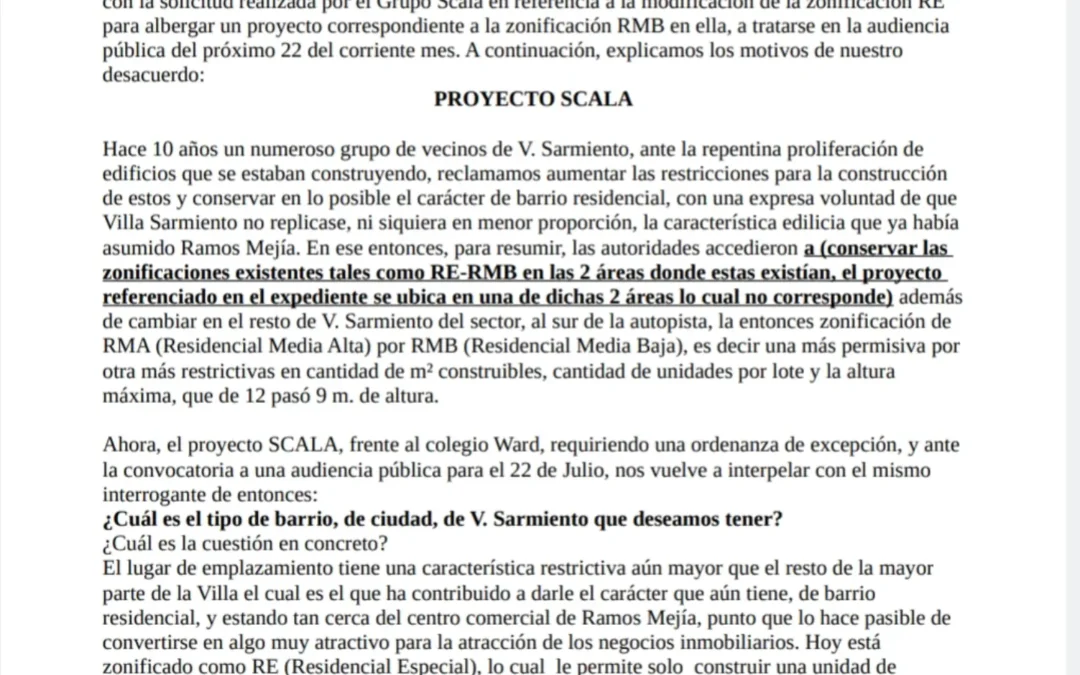 VILLA SARMIENTO: VECINOS AUTOCONVOCADOS SE OPONEN A QUE EL HCD APRUEBE -VÍA EXCEPCIÓN- LA CONSTRUCCIÓN DE VIVIENDAS DEL»GRUPO SCALA» EN VILLA SARMIENTO
