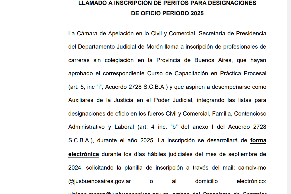 EDICTO JUDICIAL: PODER JUDICIAL PROVINCIA DE BUENOS AIRES LLAMADO A INSCRIPCIÓN DE PERITOS PARA DESIGNACIONES DE OFICIO PERÍODO 2025