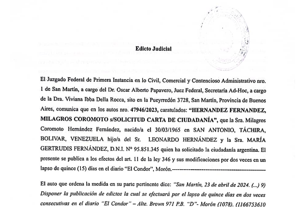 EDICTO JUDICIAL: SOLICITUD CARTA DE CIUDADANÍA 