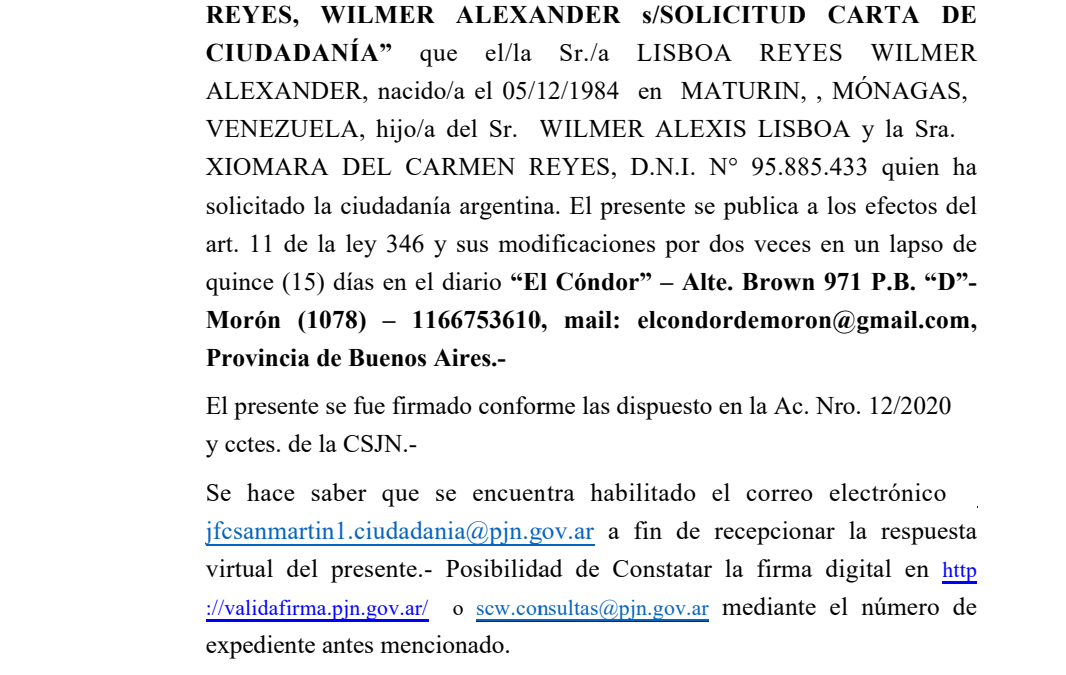 EDICTO JUDICIAL: SOLICITUD DE CARTA DE CIUDADANÍA