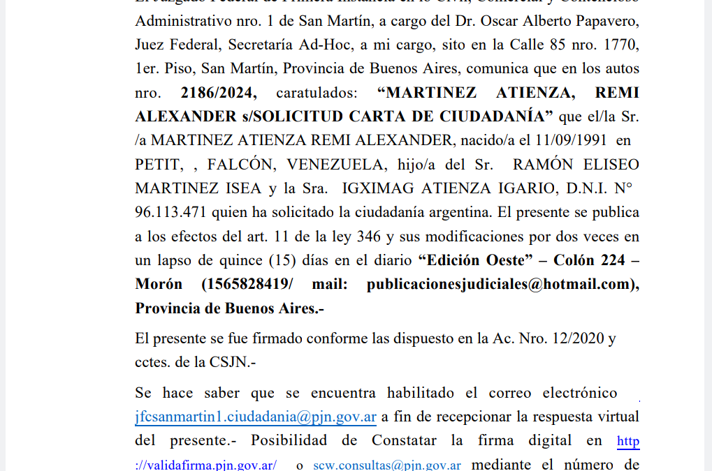 EDICTO JUDICIAL: SOLICITUD DE CARTA DE CIUDADANÍA