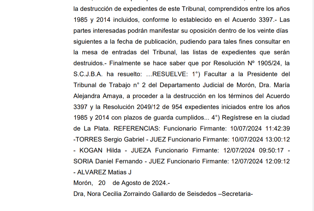 EDICTO JUDICIAL: DESTRUCCIÓN DE EXPEDIENTES