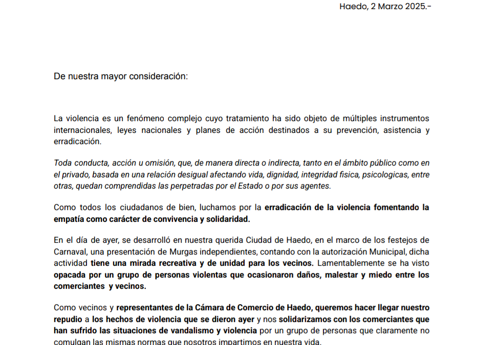 HAEDO: LA CÁMARA DE COMERCIO LOCAL EXPRESÓ SU REPUDIO ANTE LOS HECHOS DE VIOLENCIA Y SU SOLIDARIDAD HACIA LOS DAMNIFICADOS Y COMERCIANTES