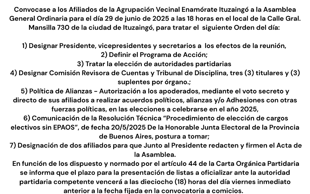 AGRUPACIÓN VECINAL ENAMÓRATE ITUZAINGÓ  :   CONVOCATORIA ASAMBLEA GENERAL