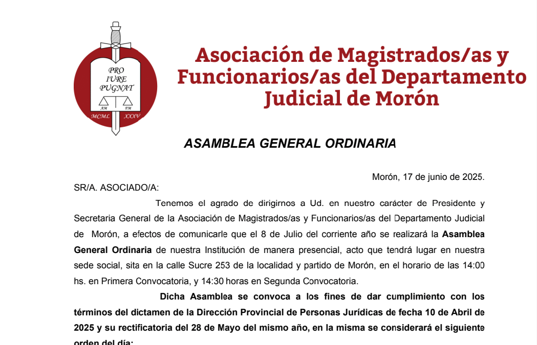 EDICTO JUDICIAL: ASOCIACIÓN DE MAGISTRADOS/AS Y FUNCIONARIOS/AS DEL DEPARTAMENTO JUDICIAL DE MORÓN :  ASAMBLEA GENERAL ORDINARIA