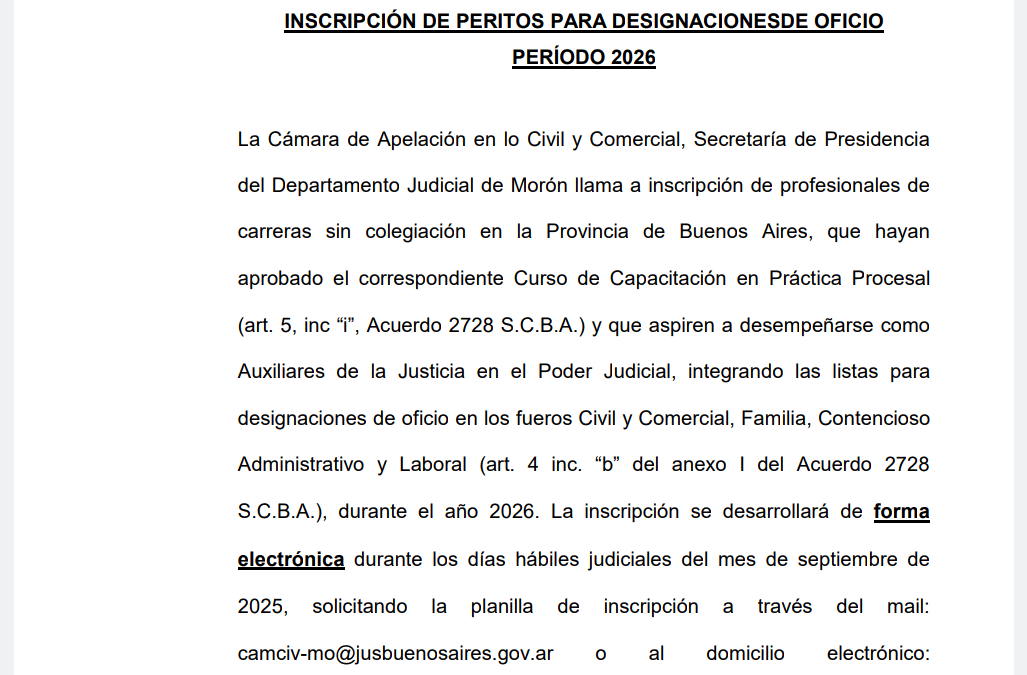 EDICTO JUDICIAL: PODER JUDICIAL PROVINCIA DE BUENOS AIRES:  LLAMADO A INSCRIPCIÓN DE PERITOS PARA DESIGNACIONES DE OFICIO PERÍODO 2026