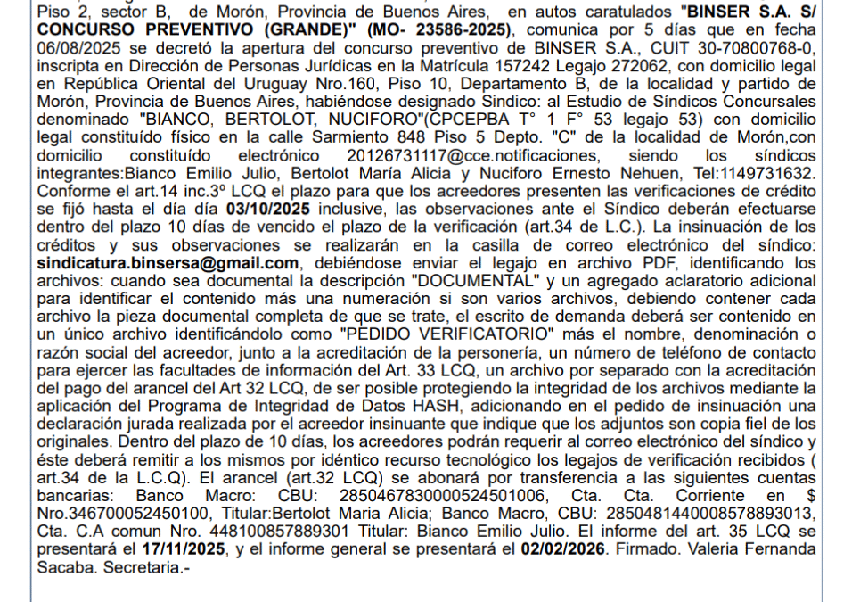 EDICTO JUDICIAL: CONCURSO PREVENTIVO
