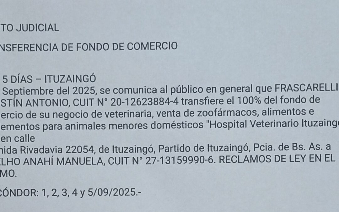 EDICTO JUDICIAL: TRANSFERENCIA DE FONDO DE COMERCIO