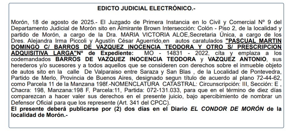 EDICTO JUDICIAL: PRESCRIPCION ADQUISITIVA LARGA
