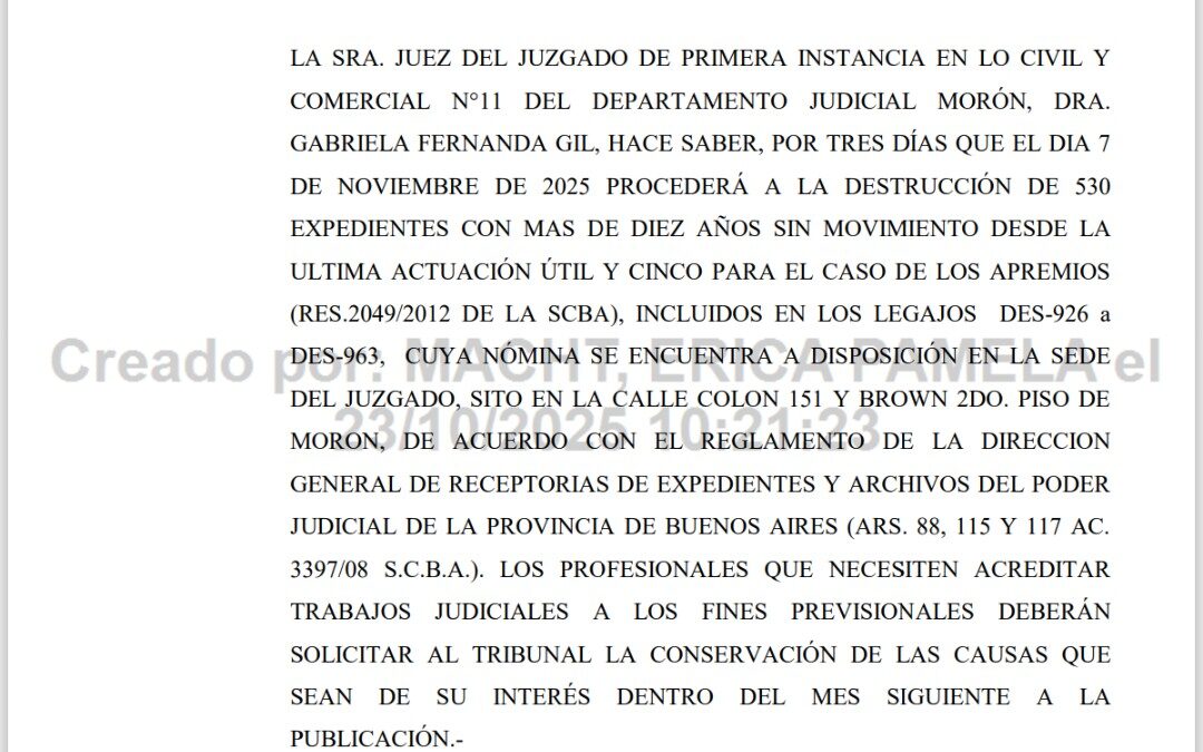 EDICTO JUDICIAL:  DESTRUCCIÓN DE EXPEDIENTES AC. 3397/08
