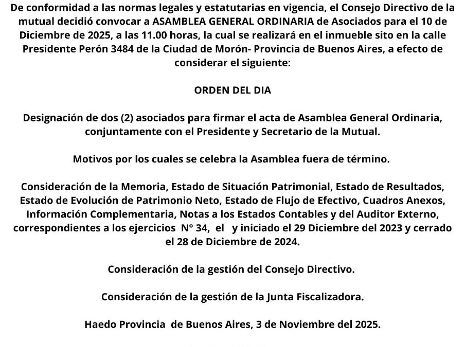 ASOCIACION MUTUAL TRABAJADORES DEL OESTE:  CONVOCATORIA