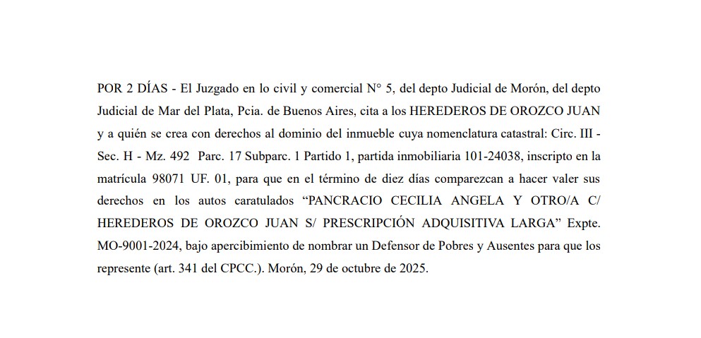 EDICTO JUDICIAL: PRESCRIPCIÓN ADQUISITIVA