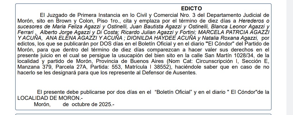 EDICTO JUDICIAL: PRESCRIPCIÓN ADQUISITIVA