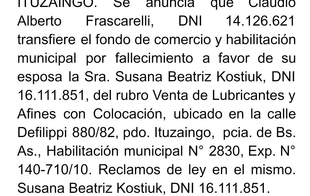 EDICTO JUDICIAL: TRANSFERENCIA DE FONDO DE COMERCIO