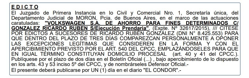 EDICTO JUDICIAL: EJECUCIÓN PRENDARIA